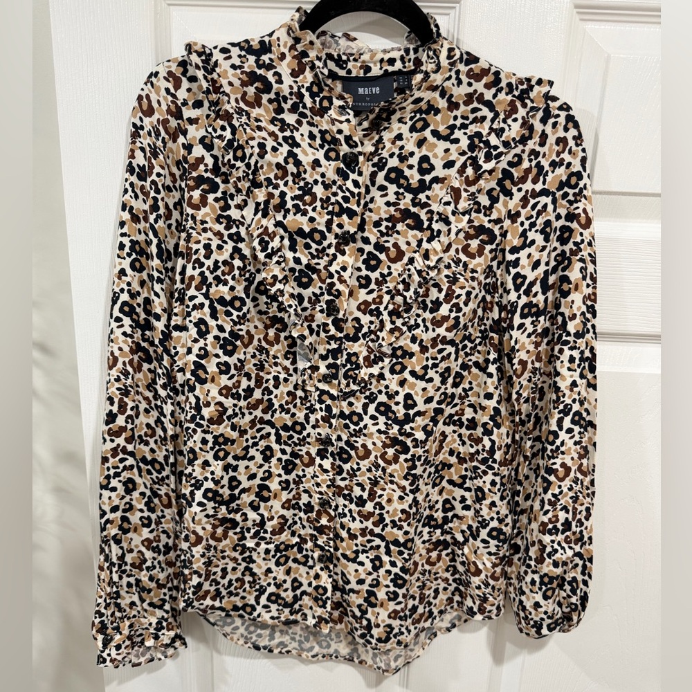 Anthropologie Maeve Animal Print/ Leopard Blouse - Ruffle Trim Details
